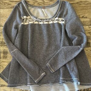 Free people xs cotton comfy lounge Lace-Up details Striped Top white grey blue